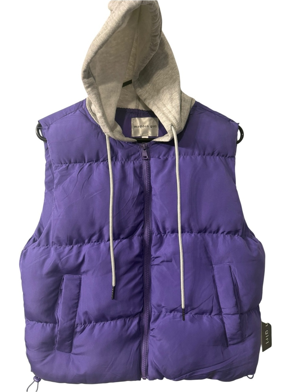 Juniors Madden Girl Purple Puffer Vest with Gray drawstring hoodie NWT Size Med